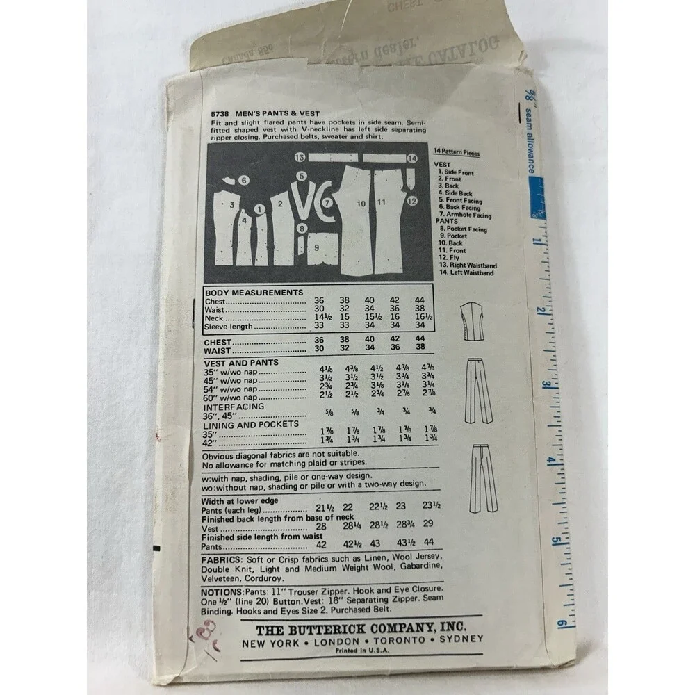 Vintage Butterick 5738 70s Mens Pants Vest Sewing Pattern 36 Chest 30 Waist CUT